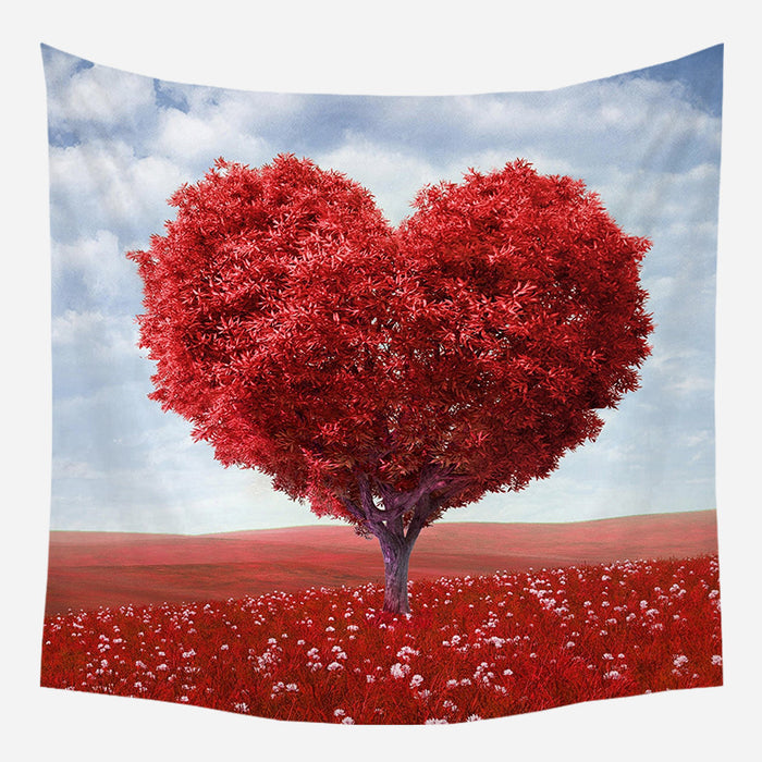 Red Heart Leaves Tree Tapestry