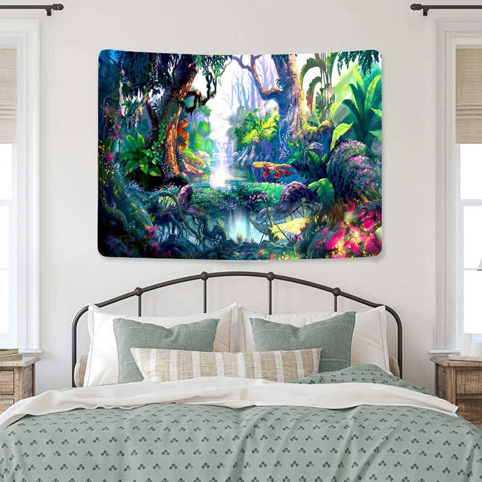 Fairy Tale Forest Tapestry Fantasy Nature Green Tropical Jungle River Floral Tapestry, Enchanted World Tapestries, Tapestry for Kids Playroom Nursery Bedroom Aesthetics
