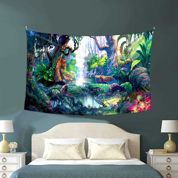 Fairy Tale Forest Tapestry Fantasy Nature Green Tropical Jungle River Floral Tapestry, Enchanted World Tapestries, Tapestry for Kids Playroom Nursery Bedroom Aesthetics
