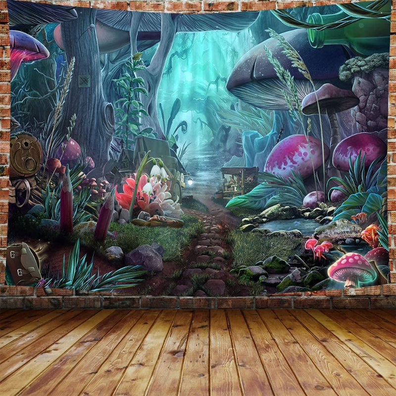 Fantasy Forest Enchanted Mushroom Tapestry Fairytale Magical Wonderland  Tree House Tapestry Fabric Dorm Wall Decor Wall Hanging for Room 60x90