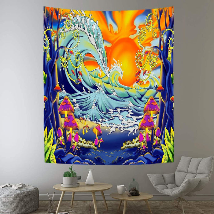 Psychedelic Mushroom Tree Tapestry, Hippie Ocean Wave Tapestry Flannel Art Tapestries Trippy Fantasy Great Wave with Sunset Backdrop, for Living Room Bedroom Dorm
