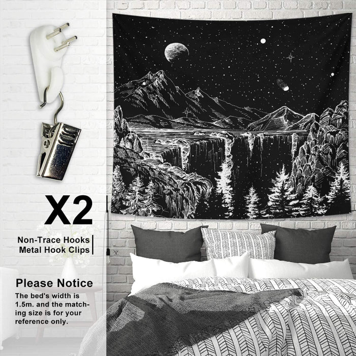 Starry Night Tapestry Mountain Tapestry Moon Stars Tapestry Black And White Tapestry For Bedroom Living Room