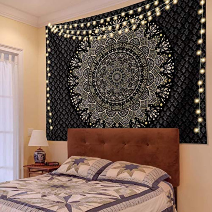 Black Golden Mandala Tapestry Wall Hanging Psychedelic Medallion Wall Tapestry Aesthetic Indian Hippie Wall Decor Bohemian Wall Art Boho Home Decoration for Bedroom,Living Room,Dorm