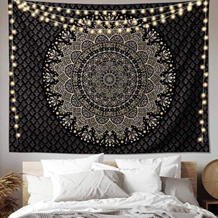 Black Golden Mandala Tapestry Wall Hanging Psychedelic Medallion Wall Tapestry Aesthetic Indian Hippie Wall Decor Bohemian Wall Art Boho Home Decoration for Bedroom,Living Room,Dorm