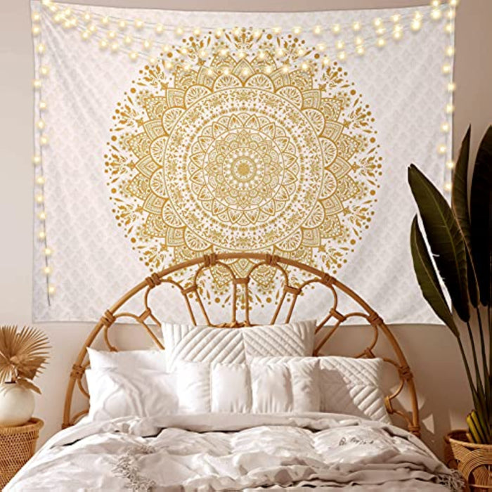 White Golden Mandala Tapestry Wall Hanging Psychedelic Medallion Wall Tapestry Aesthetic Indian Hippie Wall Decor Bohemian Wall Art Boho Home Decoration for Bedroom,Living Room,Dorm