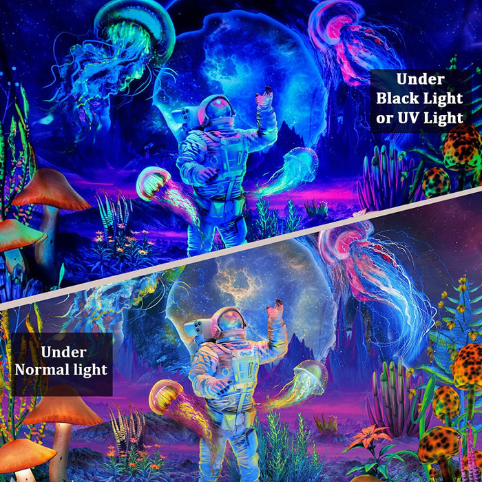 Blacklight Astronaut Tapestry UV Reactive Fantasy Plants Jellyfish Wall Tapestry Neon Galaxy Space Tapestry Wall Hanging for Room