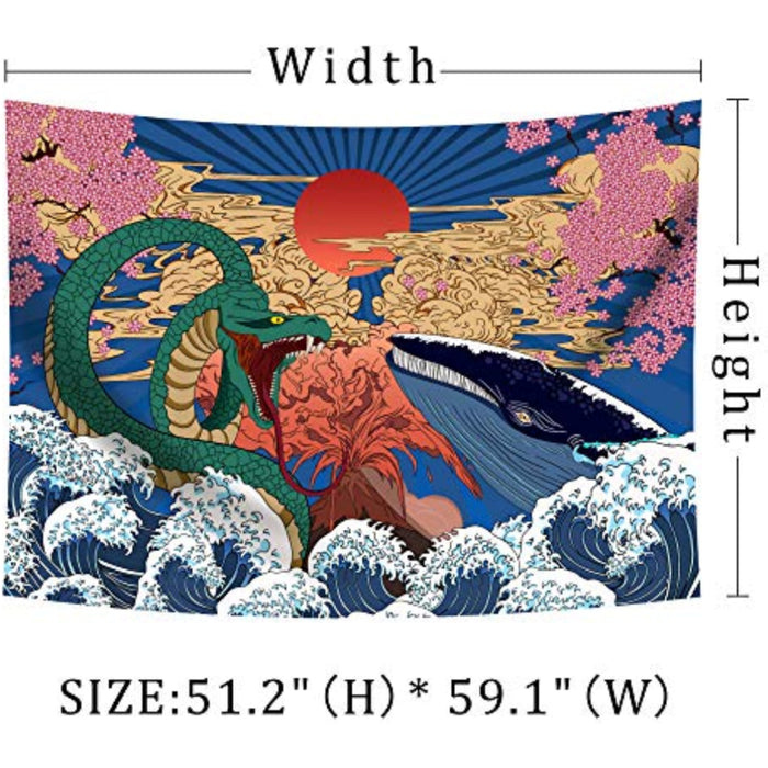 Aesthetic Japanese Tapestry Anime Tapestry Wall Hanging Trippy Whale Snake Wall Art Ukiyo-e Ocean Wave Sun Wall Tapestry for Bedroom Living Room Dorm Room Home Decor