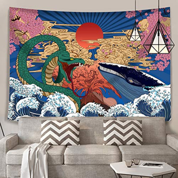 Aesthetic Japanese Tapestry Anime Tapestry Wall Hanging Trippy Whale Snake Wall Art Ukiyo-e Ocean Wave Sun Wall Tapestry for Bedroom Living Room Dorm Room Home Decor