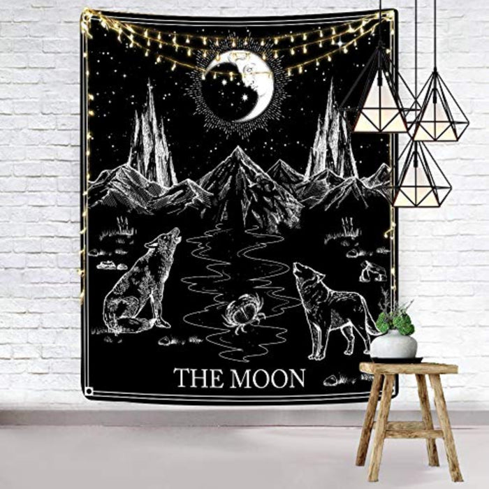 Aesthetic Tarot Card Tapestry Wall Hanging Black & White Tapestry Gothic Wolf & Moon Wall Tapestry For Dorm Room Decorations