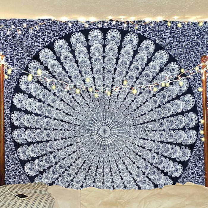 Indian Hippie Bohemian Psychedelic Golden Blue Peacock Mandala Wall hanging Bedding Tapestry - Black White