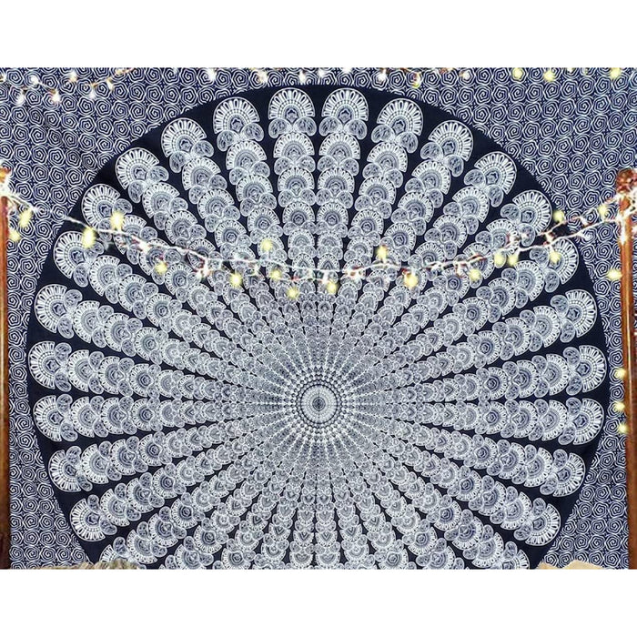 Indian Hippie Bohemian Psychedelic Golden Blue Peacock Mandala Wall hanging Bedding Tapestry - Black White