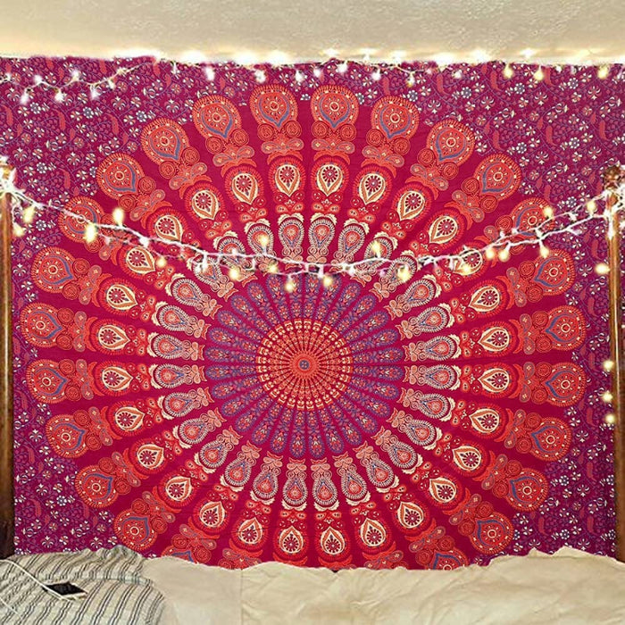 Indian Hippie Bohemian Psychedelic Golden Blue Peacock Mandala Wall hanging Bedding Tapestry - Blue Red