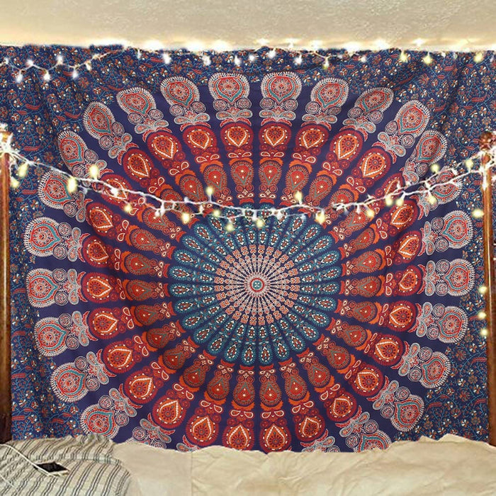 Indian Hippie Bohemian Psychedelic Golden Blue Peacock Mandala Wall hanging Bedding Tapestry - Golden Blue White