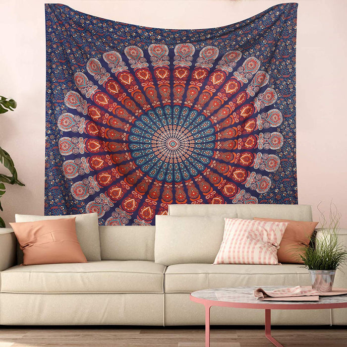 Indian Hippie Bohemian Psychedelic Golden Blue Peacock Mandala Wall hanging Bedding Tapestry - Golden Blue White