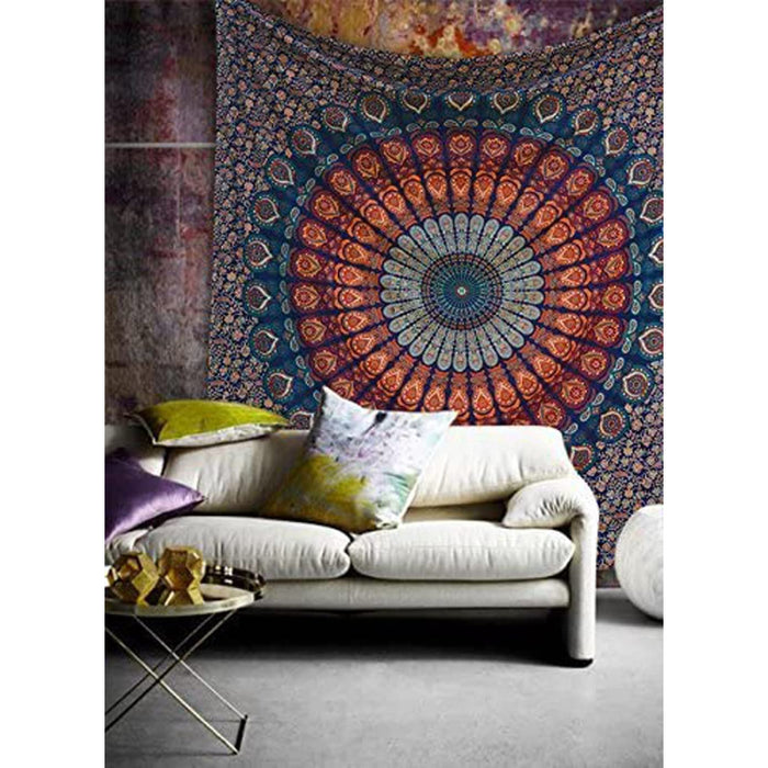 Indian Hippie Bohemian Psychedelic Golden Blue Peacock Mandala Wall hanging Bedding Tapestry