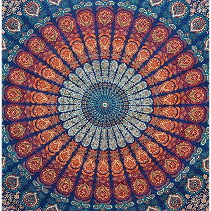 Indian Hippie Bohemian Psychedelic Golden Blue Peacock Mandala Wall hanging Bedding Tapestry