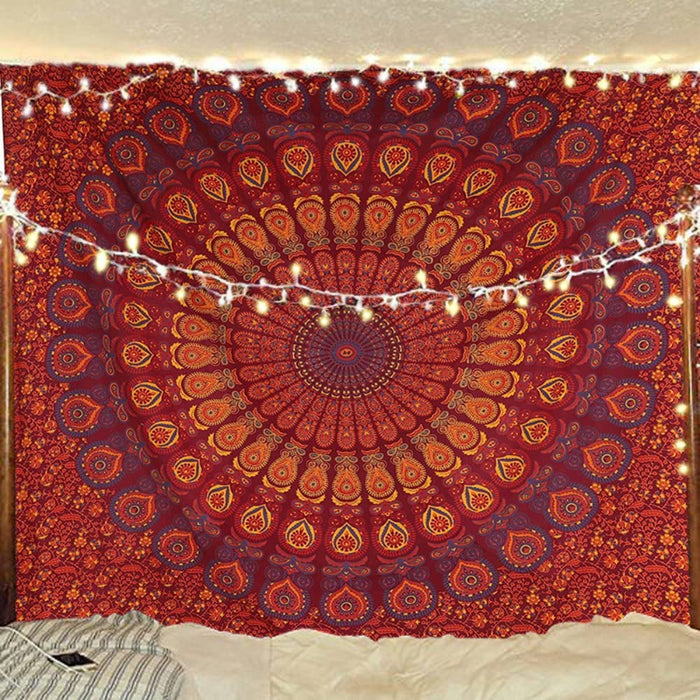 Indian Hippie Bohemian Psychedelic Golden Blue Peacock Mandala Wall hanging Bedding Tapestry - Golden Brown Maroon
