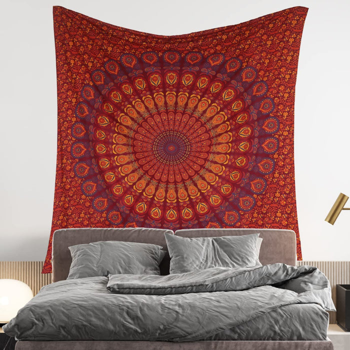 Indian Hippie Bohemian Psychedelic Golden Blue Peacock Mandala Wall hanging Bedding Tapestry - Golden Brown Maroon