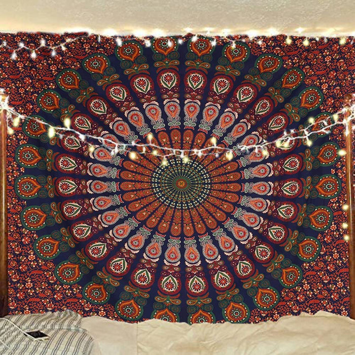 Indian Hippie Bohemian Psychedelic Golden Blue Peacock Mandala Wall hanging Bedding Tapestry - Golden Red Green