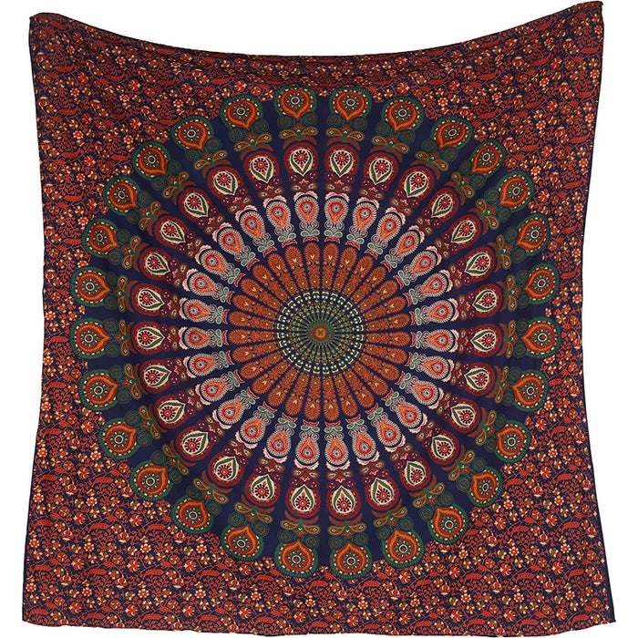 Indian Hippie Bohemian Psychedelic Golden Blue Peacock Mandala Wall hanging Bedding Tapestry - Golden Red Green