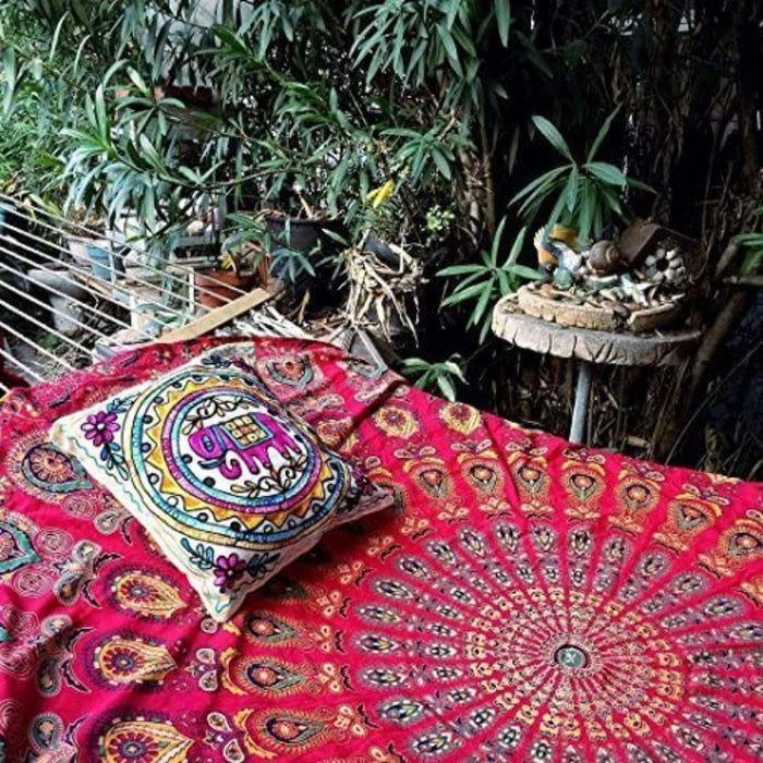 Indian Hippie Bohemian Psychedelic Golden Blue Peacock Mandala Wall hanging Bedding Tapestry - Golden Red