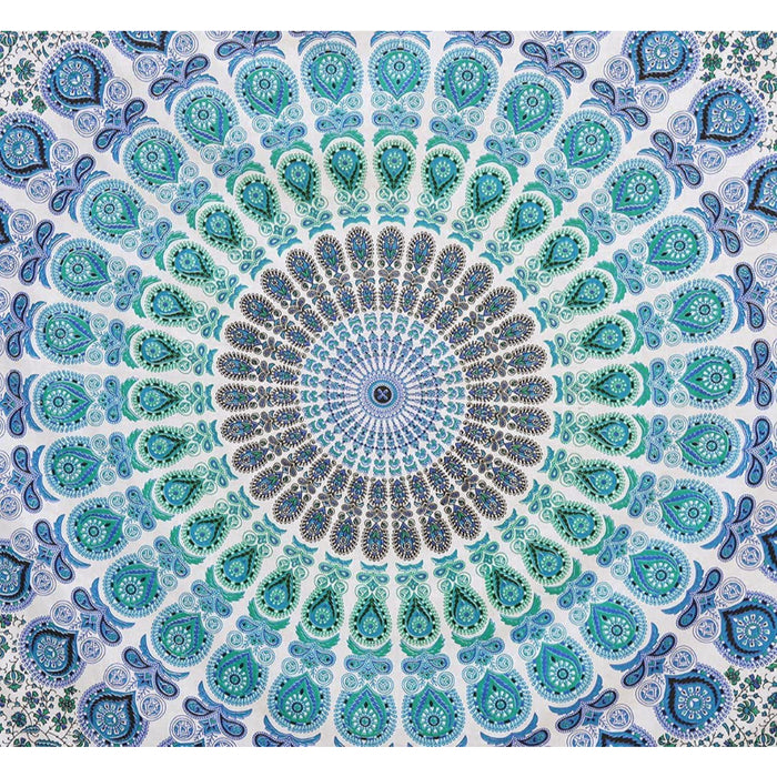 Indian Hippie Bohemian Psychedelic Golden Blue Peacock Mandala Wall hanging Bedding Tapestry - Peacock Sky Blue