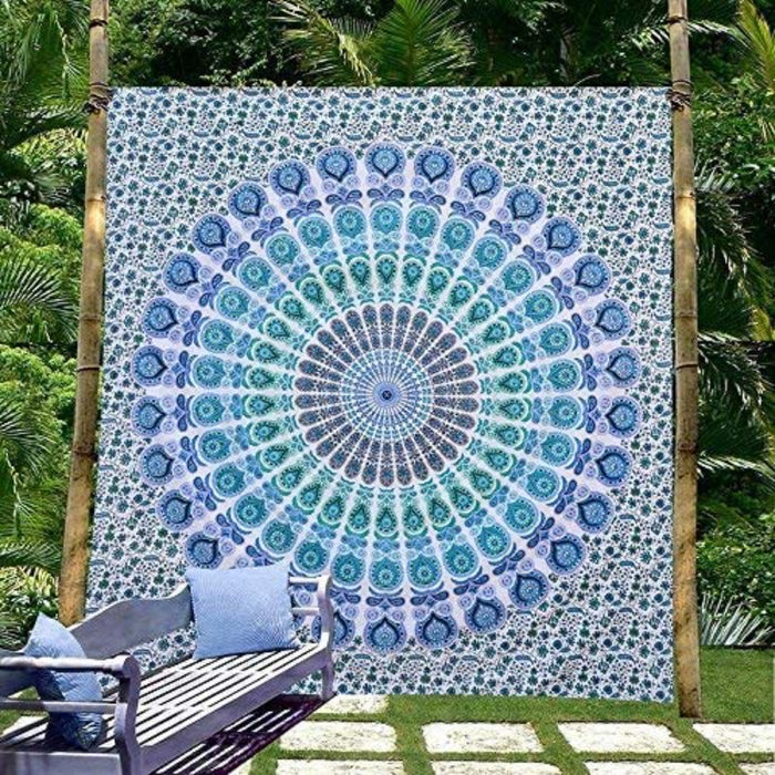 Indian Hippie Bohemian Psychedelic Golden Blue Peacock Mandala Wall hanging Bedding Tapestry - Peacock Sky Blue