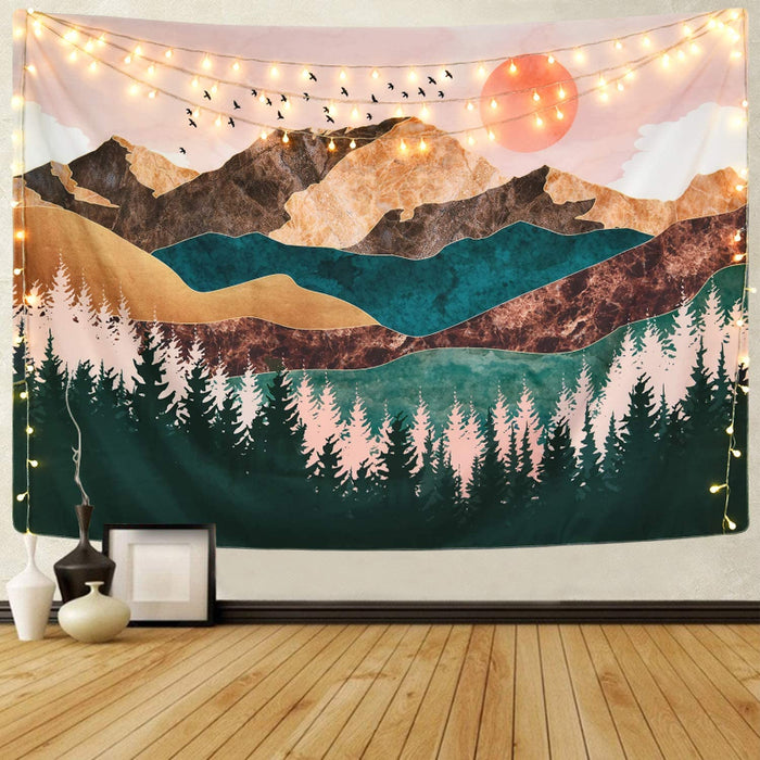 Mountain, Forest Tree, Sunset, Nature Landscape Tapestry Wall Hanging for Room