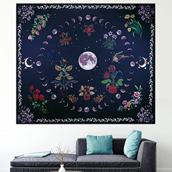 Nature Plant Tapestry, Boho Funny Tapestry Moon Phase Wall Hanging tapestries, Mandala Flower Tapestry for Bedroom Aesthetic Home Dorm Decor