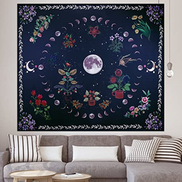 Nature Plant Tapestry, Boho Funny Tapestry Moon Phase Wall Hanging tapestries, Mandala Flower Tapestry for Bedroom Aesthetic Home Dorm Decor