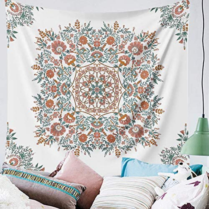 Mandala Flower Tapestry Wall Hanging - Bohemian Hippie White Tapestry Sketched Floral Print Tapestries for Home Bedroom Wall Decor