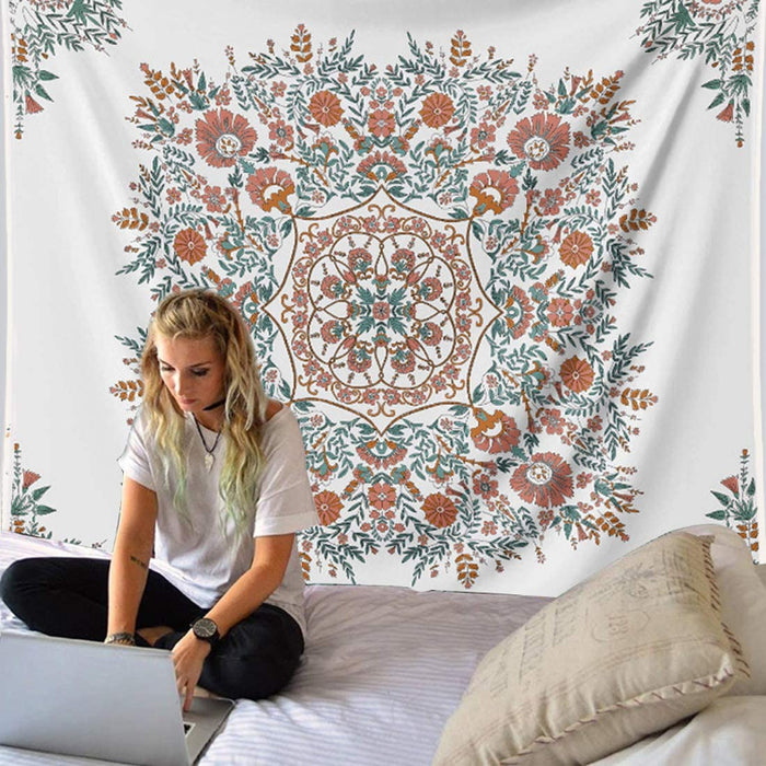 Mandala Flower Tapestry Wall Hanging - Bohemian Hippie White Tapestry Sketched Floral Print Tapestries for Home Bedroom Wall Decor