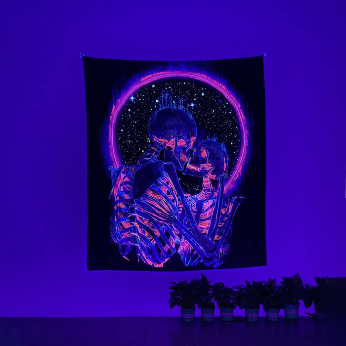 Blacklight Skull Tapestry, The Kissing-Lovers Tapestry UV Reactive Trippy Neon Tapestries Glow in the Dark Party Backdrop Wall Art for Bedroom Living Room