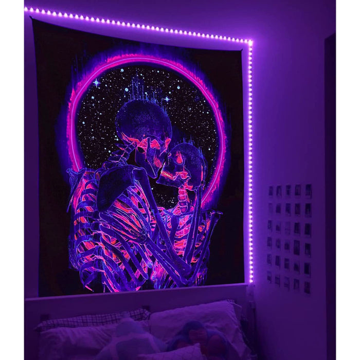 Blacklight Skull Tapestry, The Kissing-Lovers Tapestry UV Reactive Trippy Neon Tapestries Glow in the Dark Party Backdrop Wall Art for Bedroom Living Room