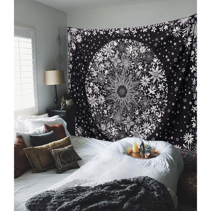 Bohemian Tapestry Wall Hanging, Black & White Floral Tapestry With Dotted Daisy Medallion Print Bedroom Boho Hippie Home Decor