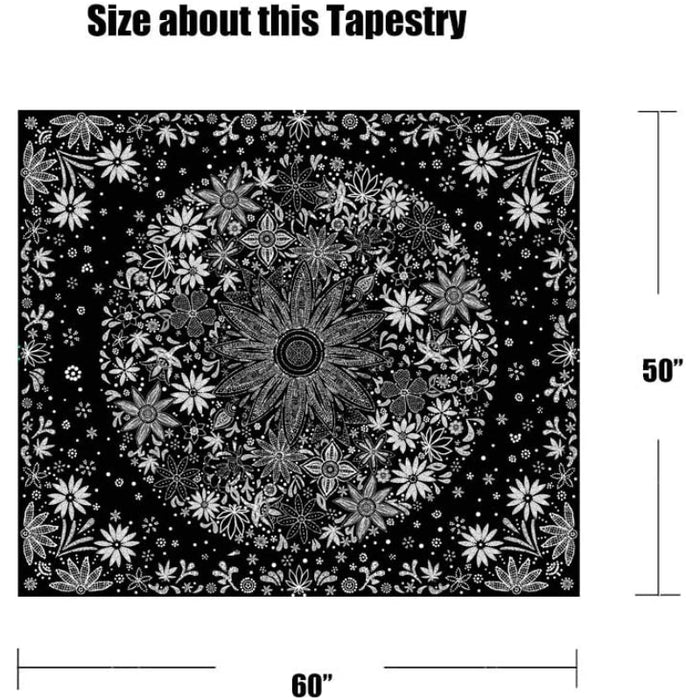 Bohemian Tapestry Wall Hanging, Black & White Floral Tapestry With Dotted Daisy Medallion Print Bedroom Boho Hippie Home Decor