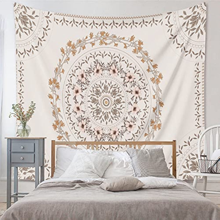 Orange Bohemian Tapestry Wall Hanging, Mandala Floral Medallion Hippie Tapestry with Light Brown Aesthetic Wreath Design, Cream Wall Decor Blanket for Bedroom Home Dorm