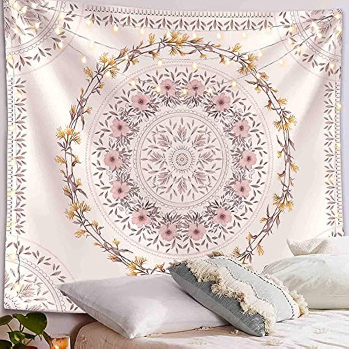 Orange Bohemian Tapestry Wall Hanging, Mandala Floral Medallion Hippie Tapestry with Light Brown Aesthetic Wreath Design, Cream Wall Decor Blanket for Bedroom Home Dorm