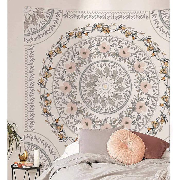 Sketched Floral Medallion Tapestry, Bohemian Mandala Wall Hanging Tapestries, Indian Art Print Mural for Bedroom Living Room Dorm Home Decor