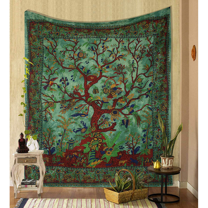 Tapestry Green Tree of Life Wall Hanging Psychedelic Tapestries Indian Cotton Twin Bedspread Picnic Sheet Wall Decor Blanket Wall Art Hippie Bedroom Decor