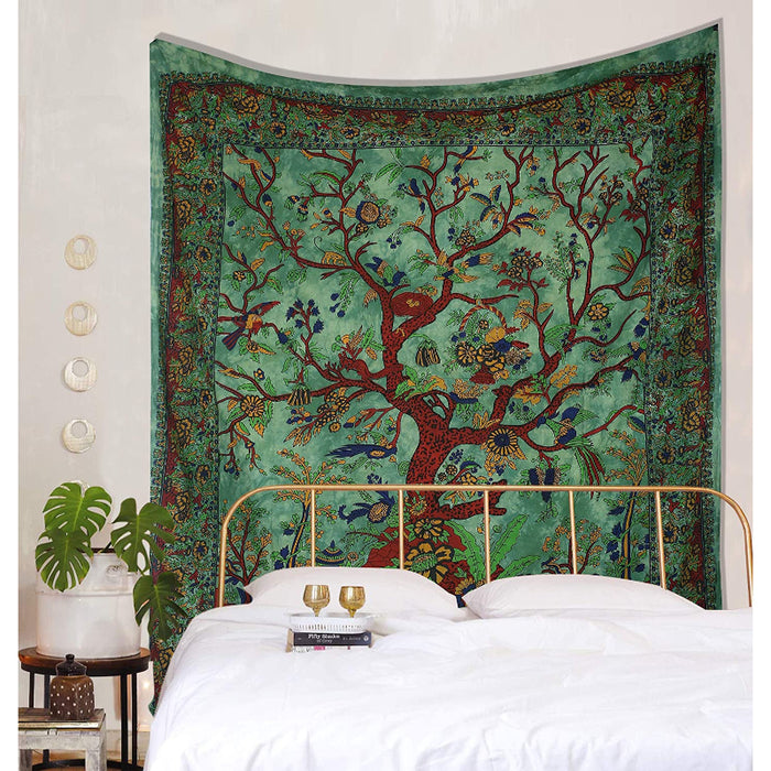 Tapestry Green Tree of Life Wall Hanging Psychedelic Tapestries Indian Cotton Twin Bedspread Picnic Sheet Wall Decor Blanket Wall Art Hippie Bedroom Decor