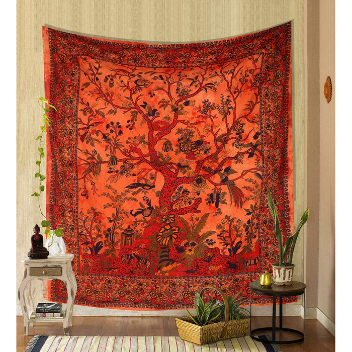 Tapestry Orange Tree of Life Wall Hanging Psychedelic Tapestries Indian Cotton Twin Bedspread Picnic Sheet Wall Decor Blanket Wall Art Hippie Bedroom Decor