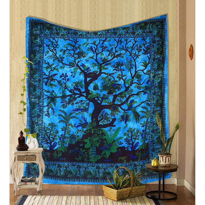 Tapestry Turquoise Tree of Life Wall Hanging Psychedelic Tapestries Indian Cotton Twin Bedspread Picnic Sheet Wall Decor Blanket Wall Art Hippie Bedroom Decor