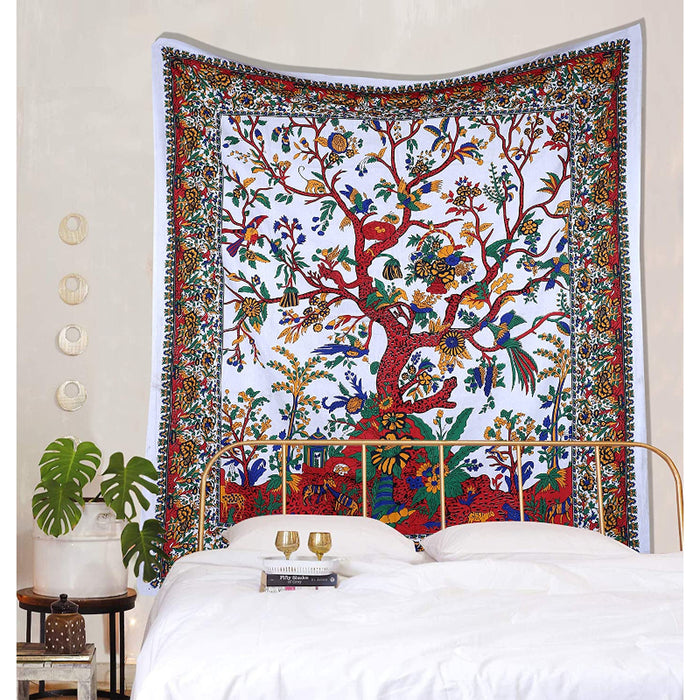 Tapestry White Tree of Life Wall Hanging Psychedelic Tapestries Indian Cotton Twin Bedspread Picnic Sheet Wall Decor Blanket Wall Art Hippie Bedroom Decor
