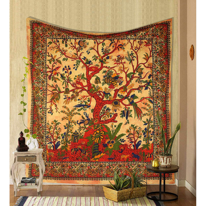 Tapestry Yellow Orange Tree of Life Wall Hanging Psychedelic Tapestries Indian Cotton Twin Bedspread Picnic Sheet Wall Decor Blanket Wall Art Hippie Bedroom Decor