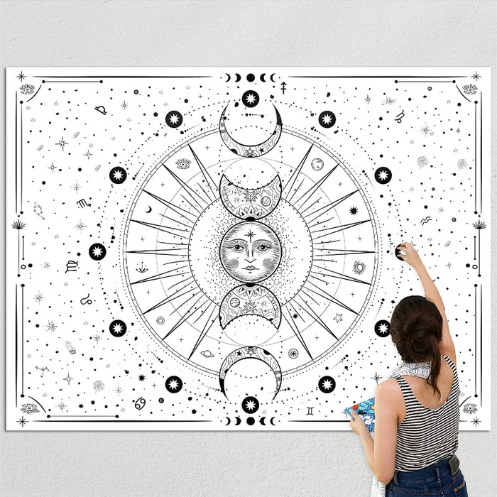 White Tapestry Wall Hanging Sun Moon Stars Space Psychedelic Tapestries Wall Tapestry for Bedroom Aesthetic Home Wall Dorm Decor