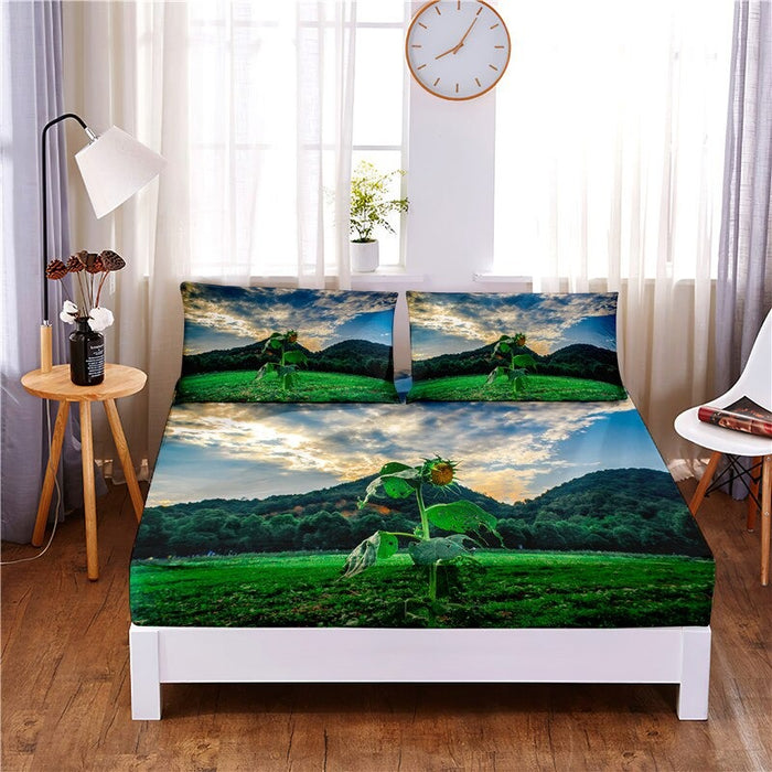 3 Pcs Sunflower Digital Printed Polyester Fitted Bed Sheet Set