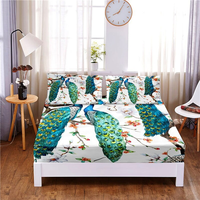 3 Pcs Peacock Digital Printed Polyester Bed Sheet Set