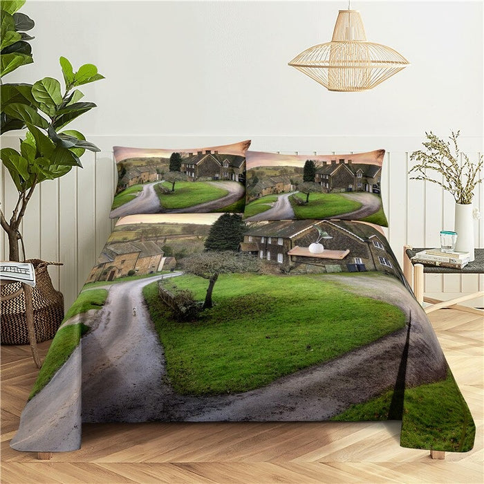 Printed Flowery Scenery View Bedding Set