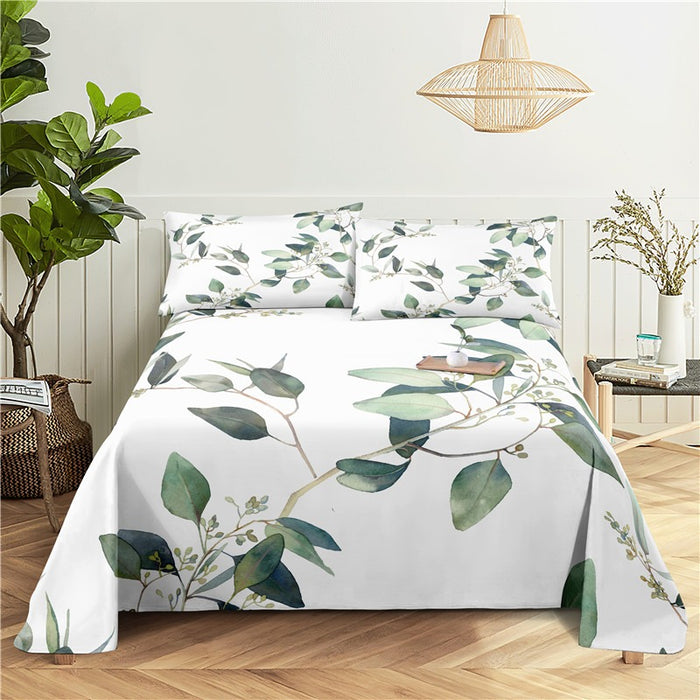 Green Leaves Print Bed Flat Bedding Set